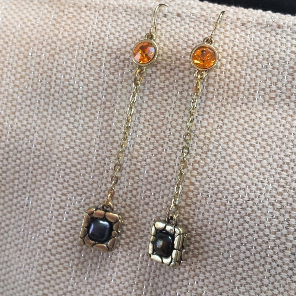 Amber Rhinestone Gold Tone Dangle Earrings Black